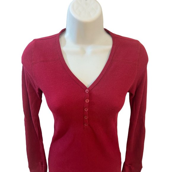 Burgundy Thermal Waffle V-Neck Knit Long Sleeve Top Size Small - Picture 2 of 6